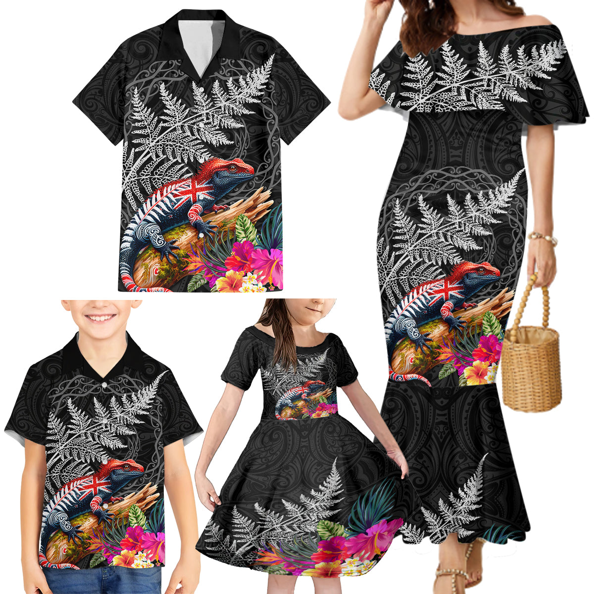 New Zealand Tuatara Family Matching Mermaid Dress and Hawaiian Shirt Silver Fern Hibiscus and Tribal Maori Pattern Black Color LT03 - Polynesian Pride