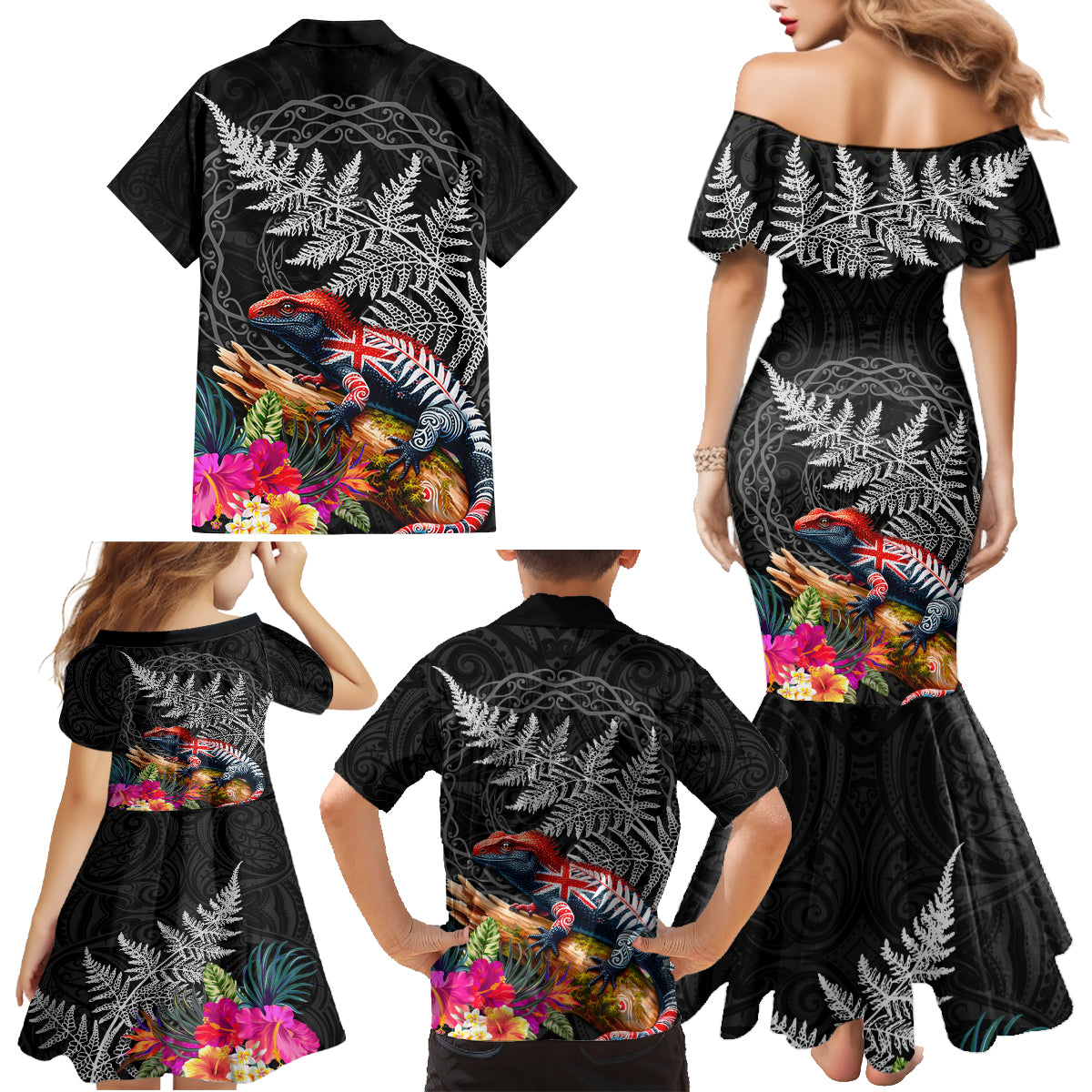 New Zealand Tuatara Family Matching Mermaid Dress and Hawaiian Shirt Silver Fern Hibiscus and Tribal Maori Pattern Black Color LT03 - Polynesian Pride