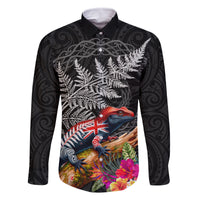 New Zealand Tuatara Family Matching Mermaid Dress and Hawaiian Shirt Silver Fern Hibiscus and Tribal Maori Pattern Black Color LT03 Dad's Shirt - Long Sleeve Black - Polynesian Pride