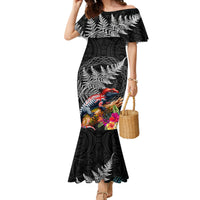 New Zealand Tuatara Family Matching Mermaid Dress and Hawaiian Shirt Silver Fern Hibiscus and Tribal Maori Pattern Black Color LT03 Mom's Dress Black - Polynesian Pride
