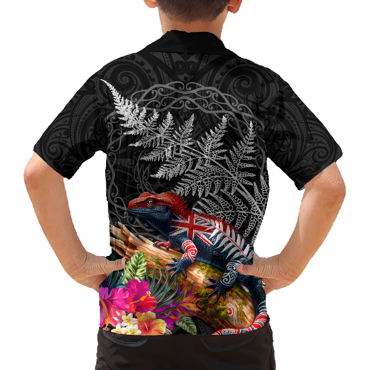 New Zealand Tuatara Family Matching Off Shoulder Maxi Dress and Hawaiian Shirt Silver Fern Hibiscus and Tribal Maori Pattern Black Color LT03 - Polynesian Pride