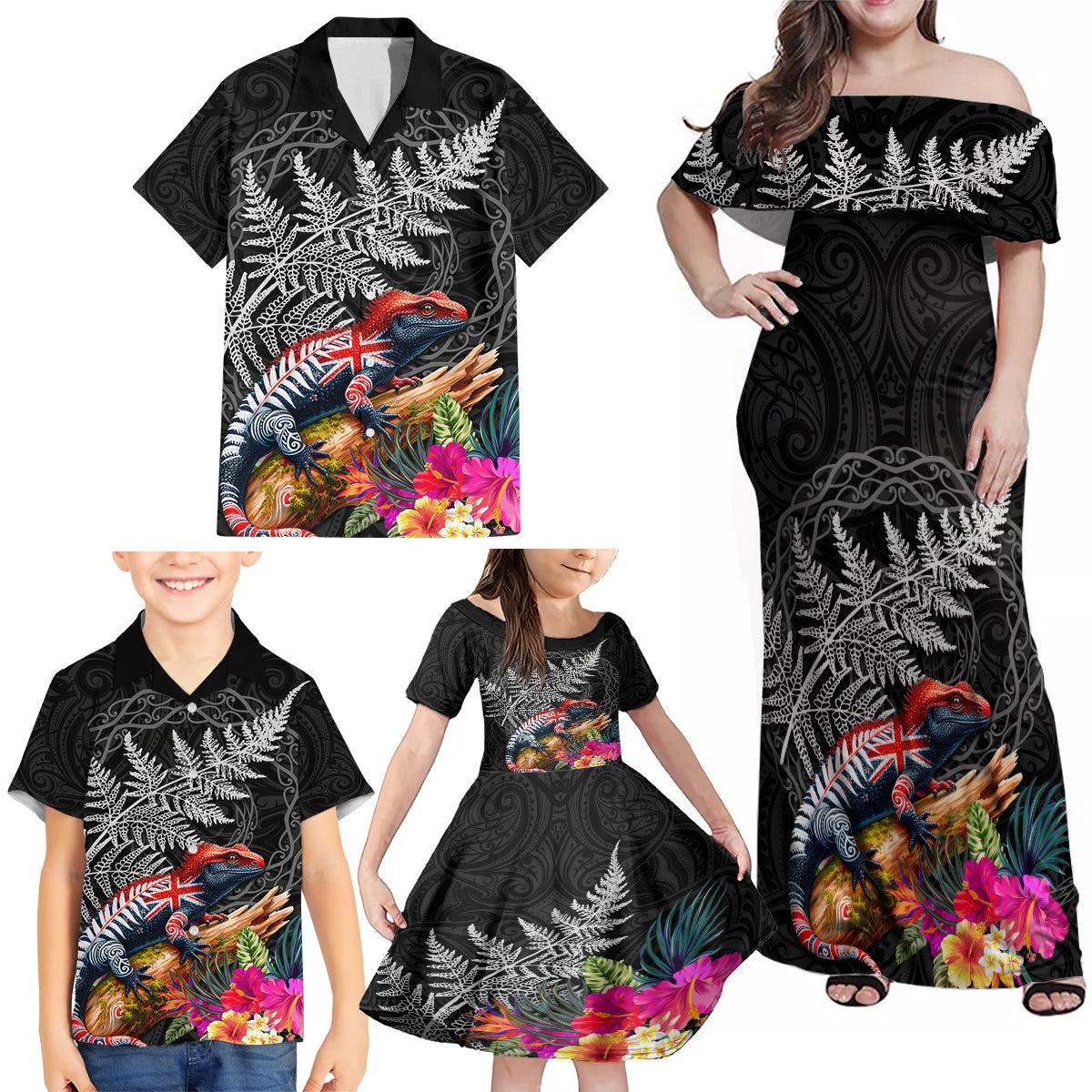 New Zealand Tuatara Family Matching Off Shoulder Maxi Dress and Hawaiian Shirt Silver Fern Hibiscus and Tribal Maori Pattern Black Color LT03 - Polynesian Pride