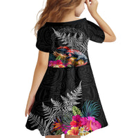 New Zealand Tuatara Family Matching Off Shoulder Short Dress and Hawaiian Shirt Silver Fern Hibiscus and Tribal Maori Pattern Black Color LT03 - Polynesian Pride