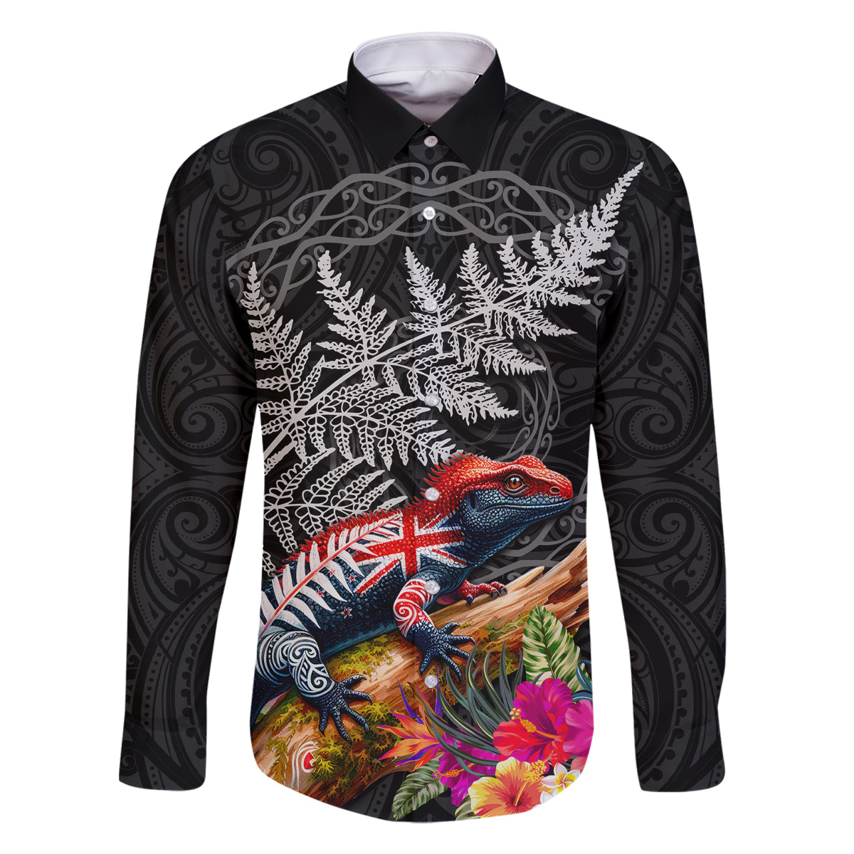 New Zealand Tuatara Family Matching Off Shoulder Short Dress and Hawaiian Shirt Silver Fern Hibiscus and Tribal Maori Pattern Black Color LT03 Dad's Shirt - Long Sleeve Black - Polynesian Pride