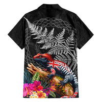 New Zealand Tuatara Family Matching Short Sleeve Bodycon Dress and Hawaiian Shirt Silver Fern Hibiscus and Tribal Maori Pattern Black Color LT03 - Polynesian Pride