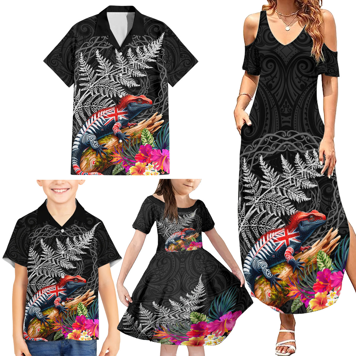 New Zealand Tuatara Family Matching Summer Maxi Dress and Hawaiian Shirt Silver Fern Hibiscus and Tribal Maori Pattern Black Color LT03 - Polynesian Pride