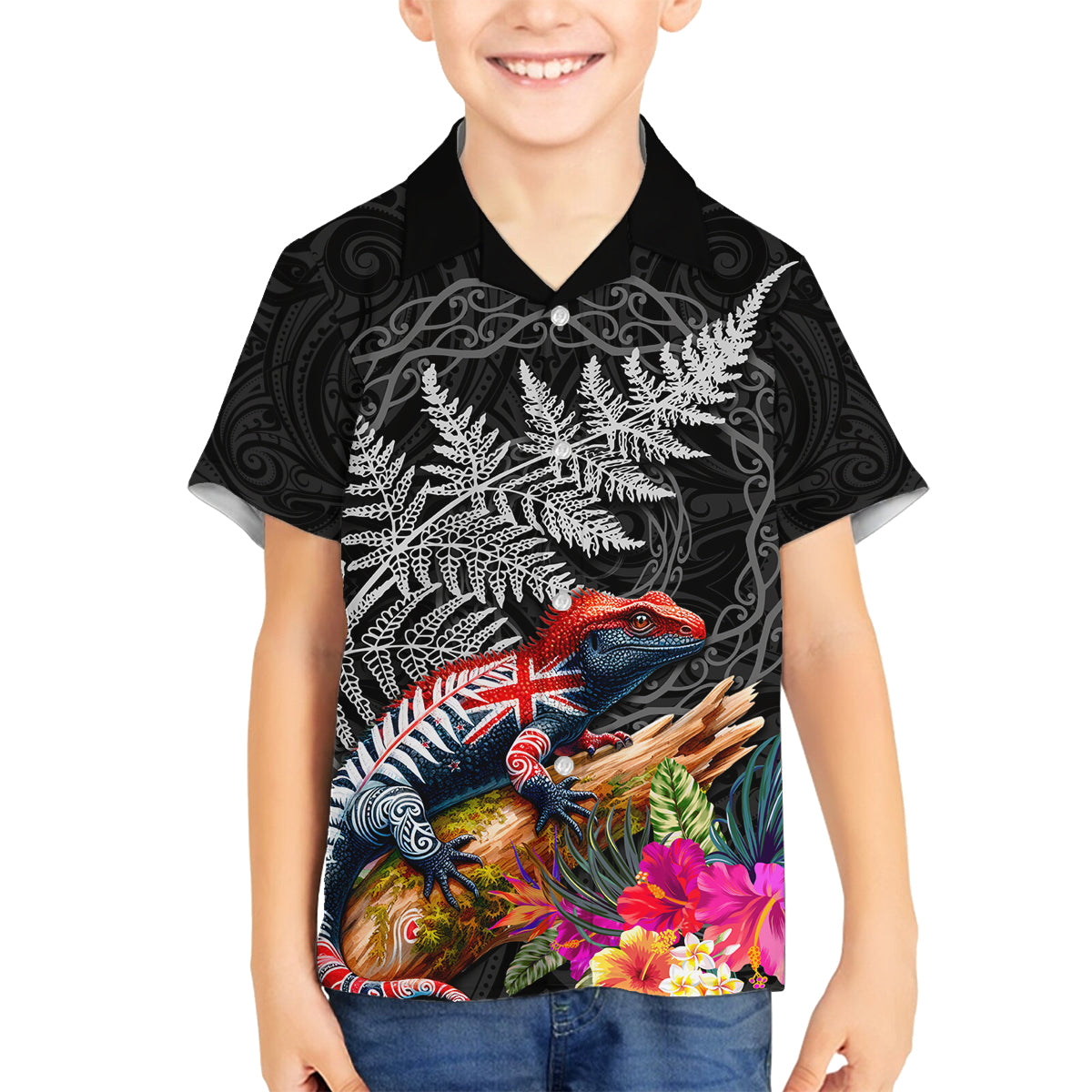 New Zealand Tuatara Family Matching Summer Maxi Dress and Hawaiian Shirt Silver Fern Hibiscus and Tribal Maori Pattern Black Color LT03 Son's Shirt Black - Polynesian Pride