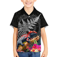 New Zealand Tuatara Family Matching Summer Maxi Dress and Hawaiian Shirt Silver Fern Hibiscus and Tribal Maori Pattern Black Color LT03 Son's Shirt Black - Polynesian Pride