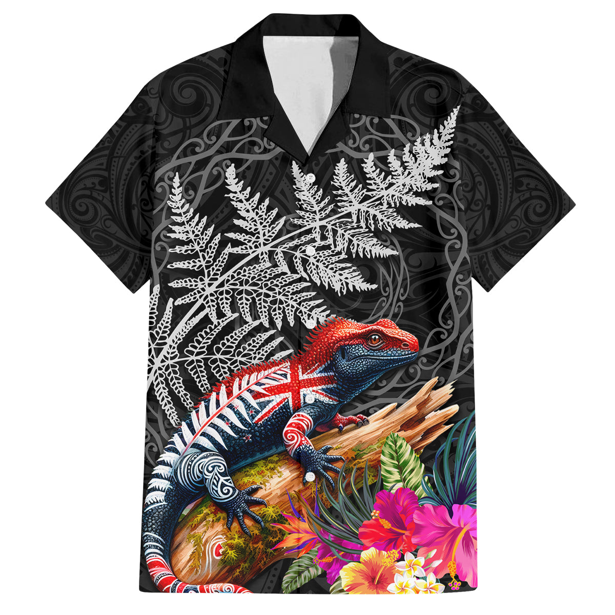New Zealand Tuatara Family Matching Tank Maxi Dress and Hawaiian Shirt Silver Fern Hibiscus and Tribal Maori Pattern Black Color LT03 Dad's Shirt - Short Sleeve Black - Polynesian Pride