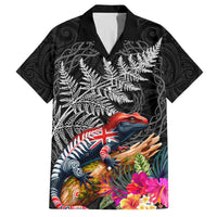 New Zealand Tuatara Family Matching Tank Maxi Dress and Hawaiian Shirt Silver Fern Hibiscus and Tribal Maori Pattern Black Color LT03 Dad's Shirt - Short Sleeve Black - Polynesian Pride