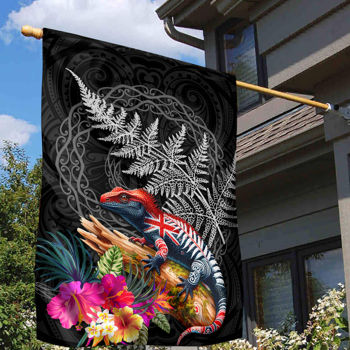 New Zealand Tuatara Garden Flag Silver Fern Hibiscus and Tribal Maori Pattern Black Color