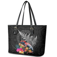 New Zealand Tuatara Leather Tote Bag Silver Fern Hibiscus and Tribal Maori Pattern Black Color LT03 - Polynesian Pride