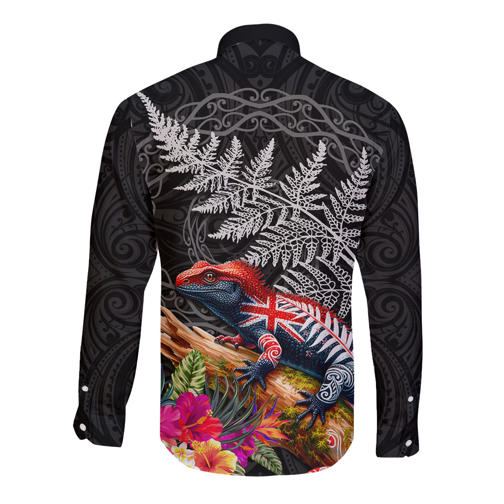 New Zealand Tuatara Long Sleeve Button Shirt Silver Fern Hibiscus and Tribal Maori Pattern Black Color