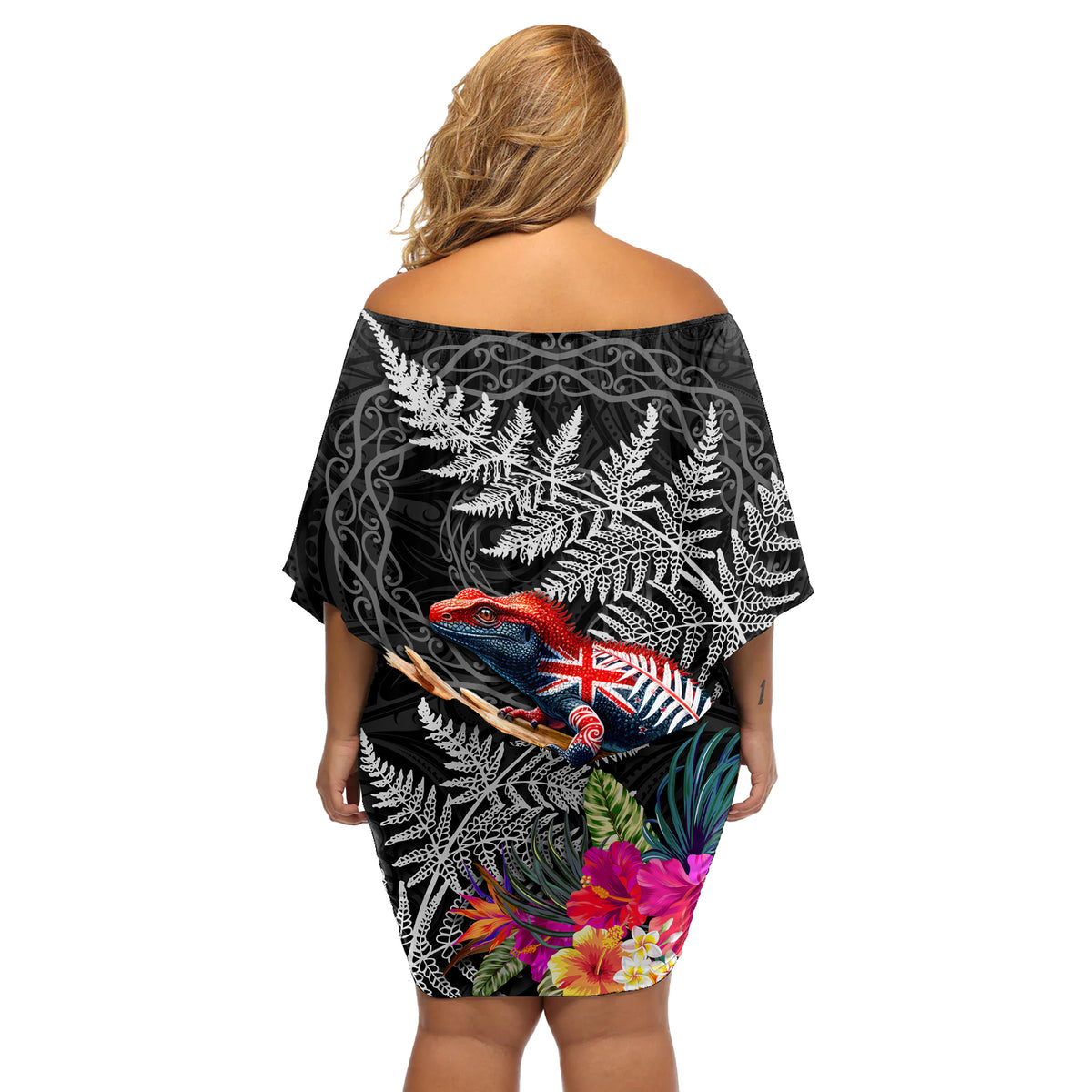 New Zealand Tuatara Off Shoulder Short Dress Silver Fern Hibiscus and Tribal Maori Pattern Black Color