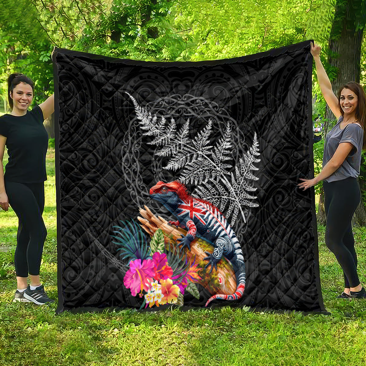 New Zealand Tuatara Quilt Silver Fern Hibiscus and Tribal Maori Pattern Black Color LT03 - Polynesian Pride