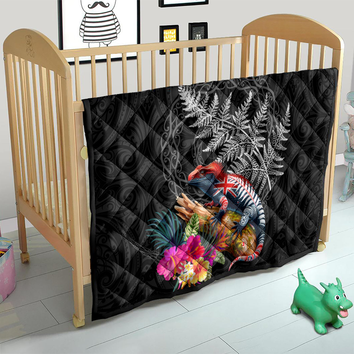 New Zealand Tuatara Quilt Silver Fern Hibiscus and Tribal Maori Pattern Black Color LT03 - Polynesian Pride