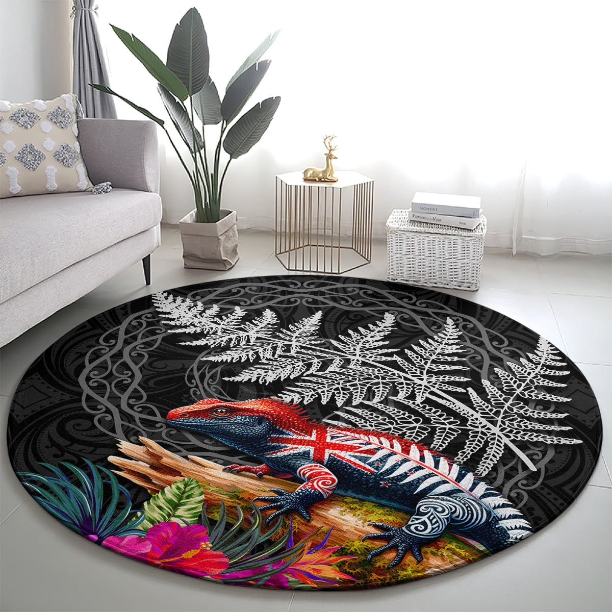 New Zealand Tuatara Round Carpet Silver Fern Hibiscus and Tribal Maori Pattern Black Color