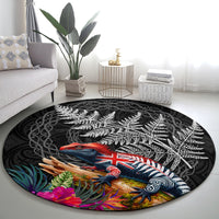 New Zealand Tuatara Round Carpet Silver Fern Hibiscus and Tribal Maori Pattern Black Color