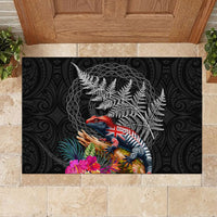 New Zealand Tuatara Rubber Doormat Silver Fern Hibiscus and Tribal Maori Pattern Black Color LT03 - Polynesian Pride