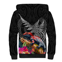 New Zealand Tuatara Sherpa Hoodie Silver Fern Hibiscus and Tribal Maori Pattern Black Color
