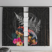 New Zealand Tuatara Window Curtain Silver Fern Hibiscus and Tribal Maori Pattern Black Color