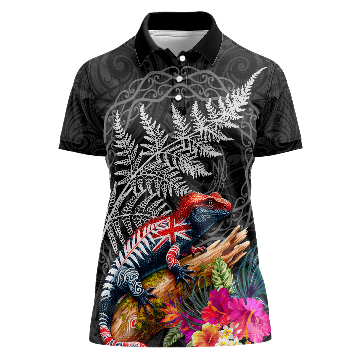 New Zealand Tuatara Women Polo Shirt Silver Fern Hibiscus and Tribal Maori Pattern Black Color