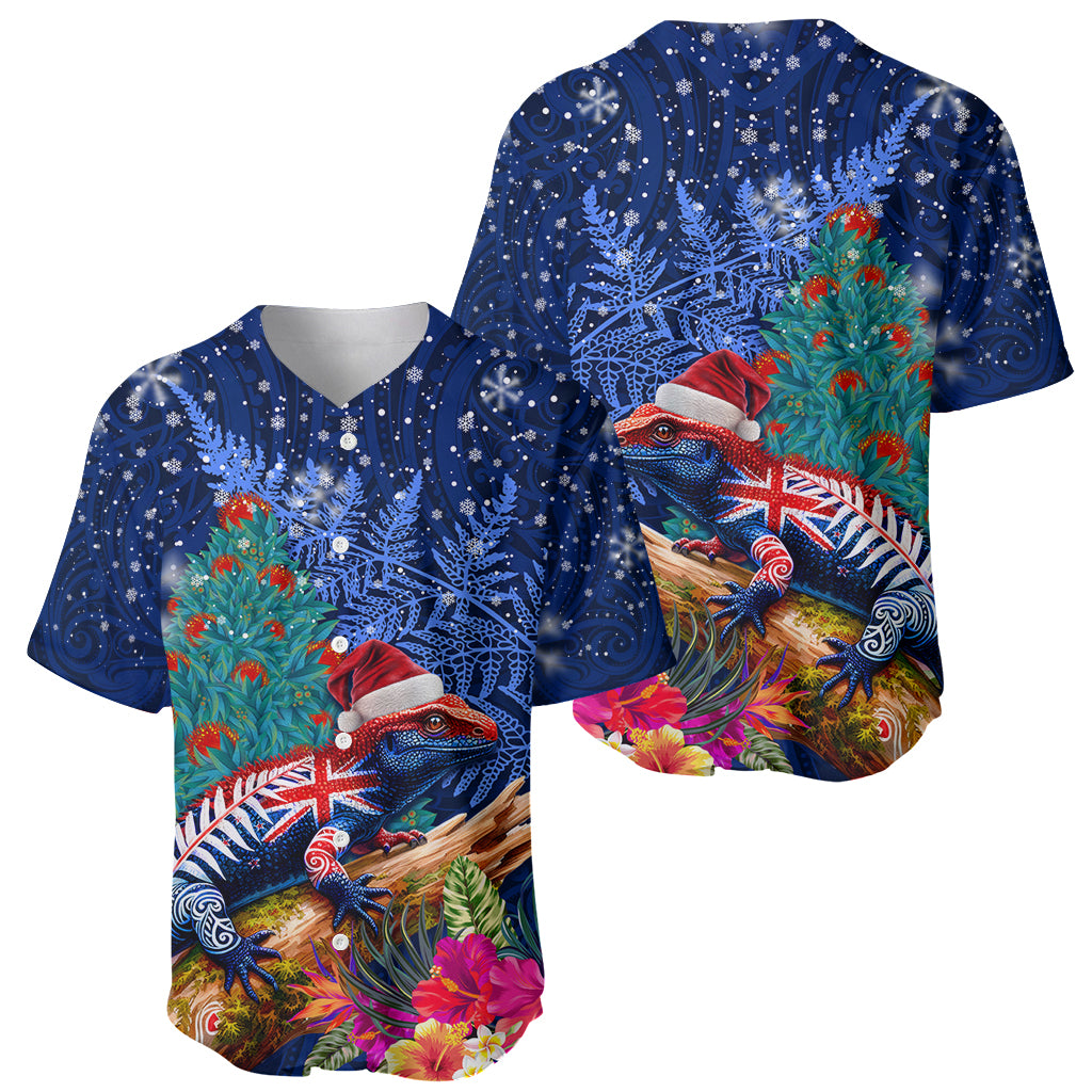 New Zealand Tuatara Christmas Baseball Jersey Silver Fern and Xmas Pohutukawa Tree Blue Color LT03 - Polynesian Pride