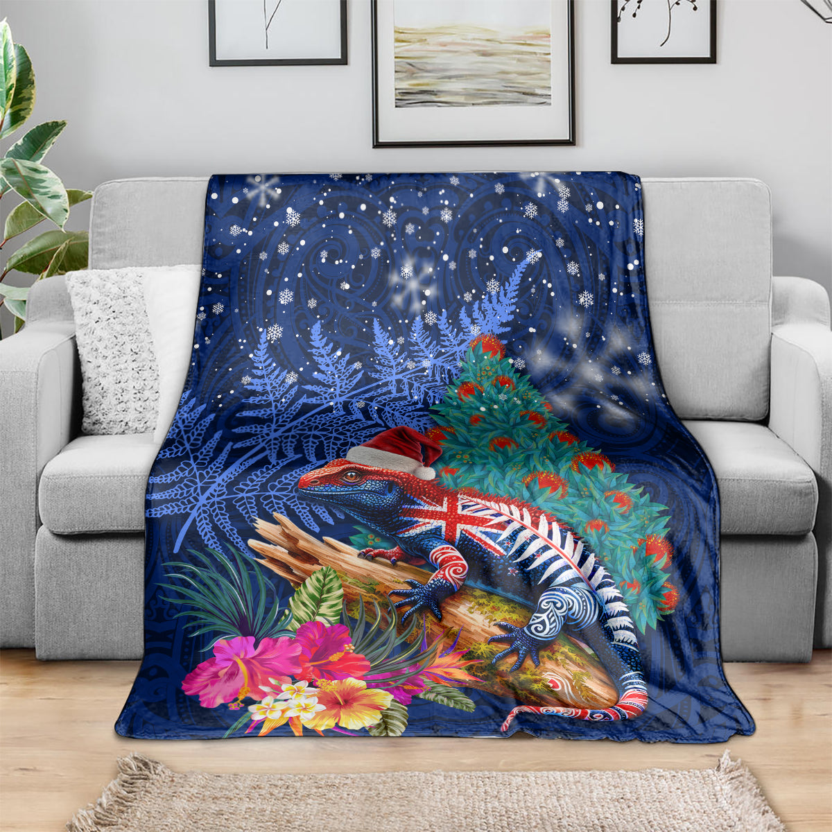 New Zealand Tuatara Christmas Blanket Silver Fern and Xmas Pohutukawa Tree Blue Color LT03 - Polynesian Pride