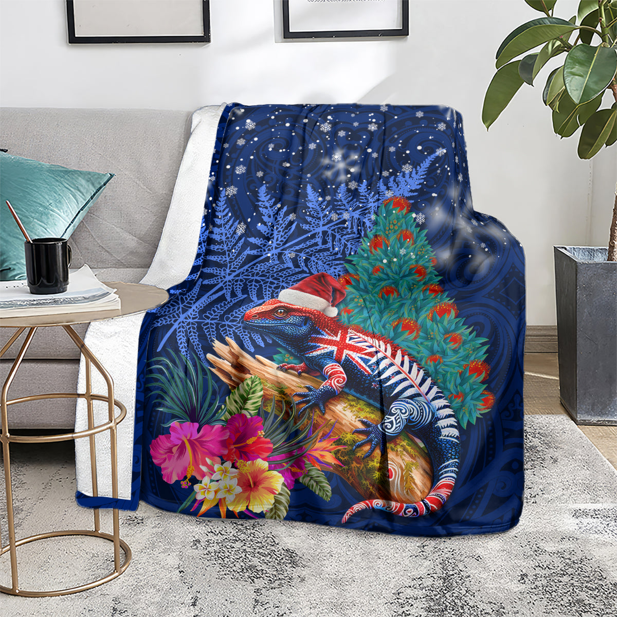 New Zealand Tuatara Christmas Blanket Silver Fern and Xmas Pohutukawa Tree Blue Color LT03 - Polynesian Pride