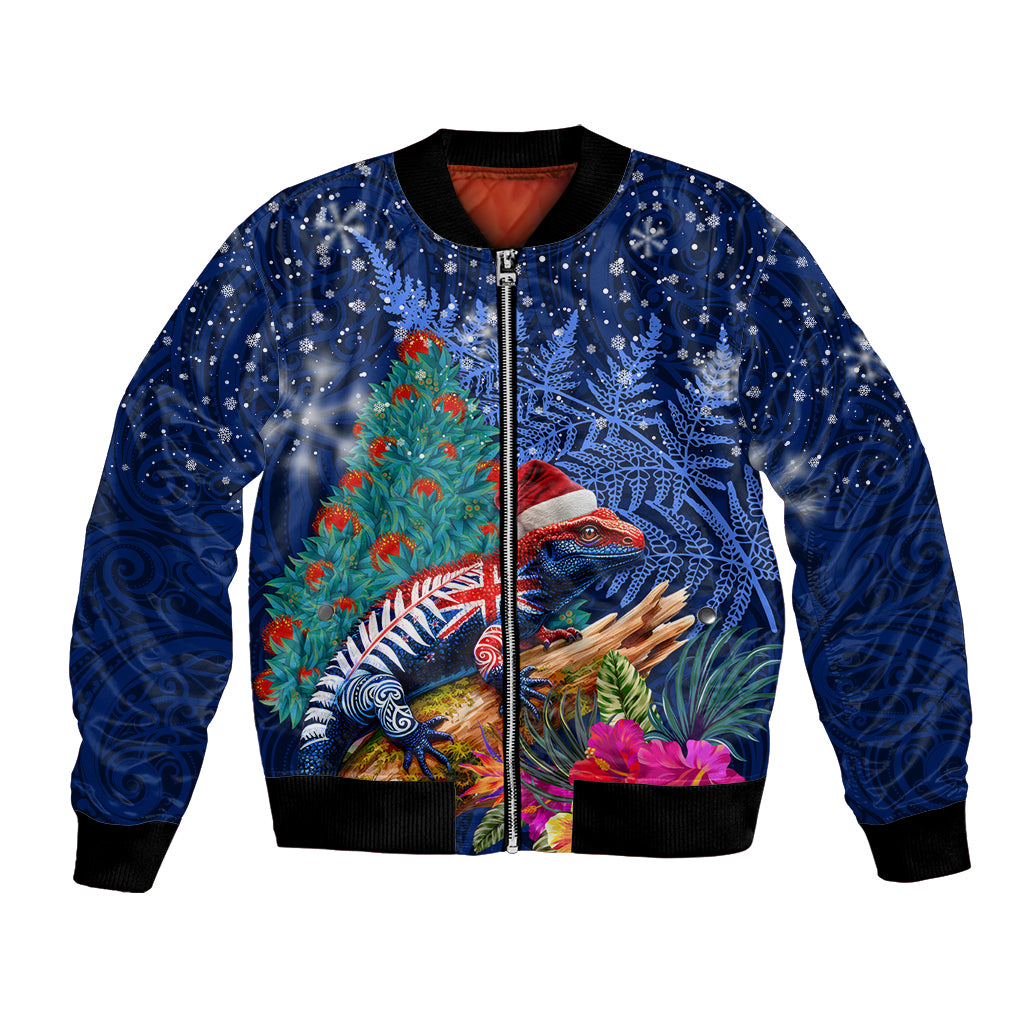 New Zealand Tuatara Christmas Bomber Jacket Silver Fern and Xmas Pohutukawa Tree Blue Color