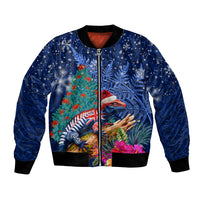 New Zealand Tuatara Christmas Bomber Jacket Silver Fern and Xmas Pohutukawa Tree Blue Color