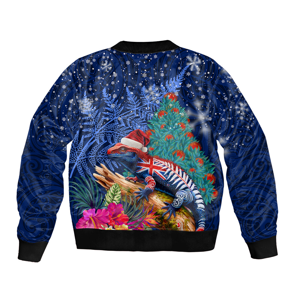 New Zealand Tuatara Christmas Bomber Jacket Silver Fern and Xmas Pohutukawa Tree Blue Color