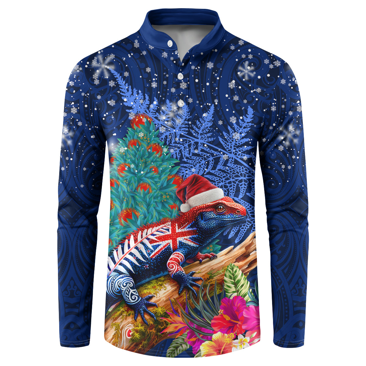 New Zealand Tuatara Christmas Button Sweatshirt Silver Fern and Xmas Pohutukawa Tree Blue Color LT03 Blue - Polynesian Pride
