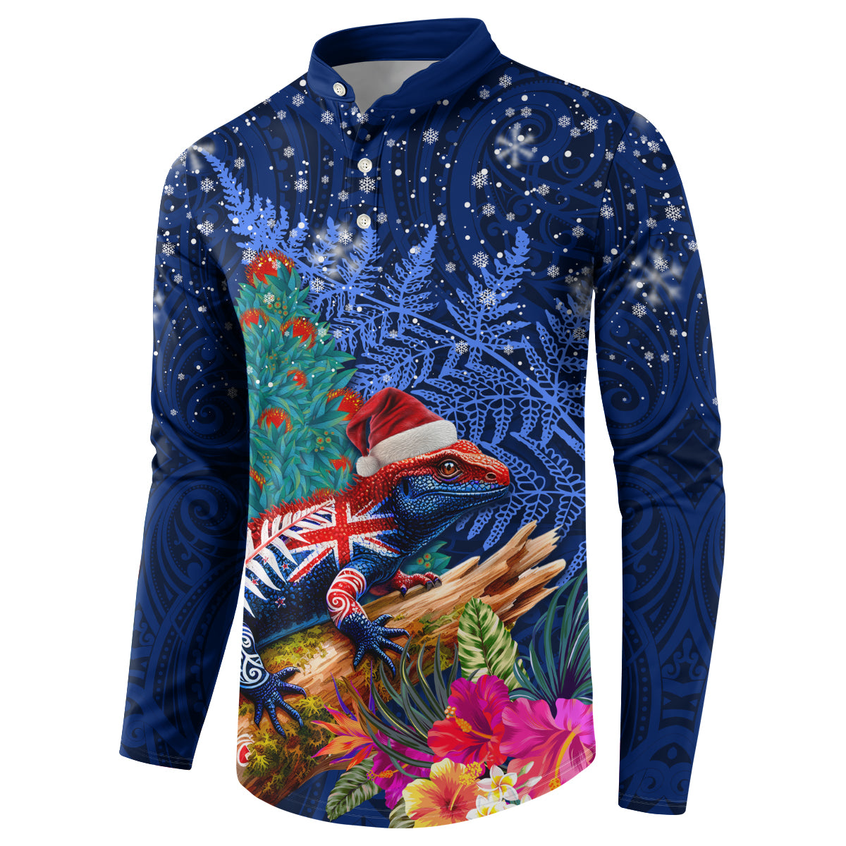 New Zealand Tuatara Christmas Button Sweatshirt Silver Fern and Xmas Pohutukawa Tree Blue Color LT03 - Polynesian Pride