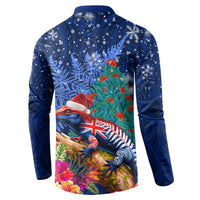 New Zealand Tuatara Christmas Button Sweatshirt Silver Fern and Xmas Pohutukawa Tree Blue Color LT03 - Polynesian Pride