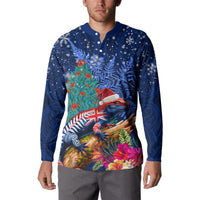 New Zealand Tuatara Christmas Button Sweatshirt Silver Fern and Xmas Pohutukawa Tree Blue Color LT03 - Polynesian Pride