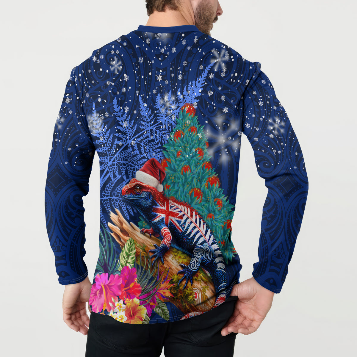 New Zealand Tuatara Christmas Button Sweatshirt Silver Fern and Xmas Pohutukawa Tree Blue Color LT03 - Polynesian Pride