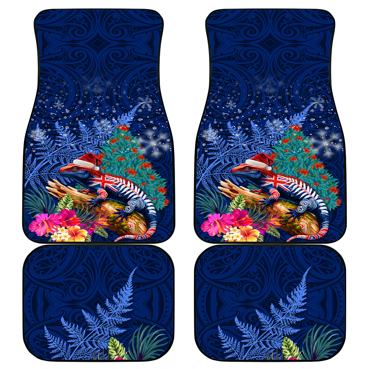 New Zealand Tuatara Christmas Car Mats Silver Fern and Xmas Pohutukawa Tree Blue Color