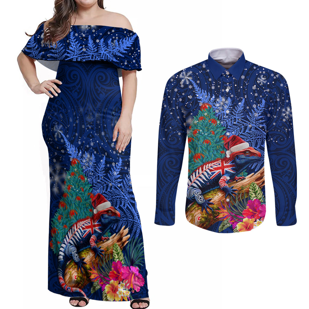 New Zealand Tuatara Christmas Couples Matching Off Shoulder Maxi Dress and Long Sleeve Button Shirt Silver Fern and Xmas Pohutukawa Tree Blue Color LT03 Blue - Polynesian Pride