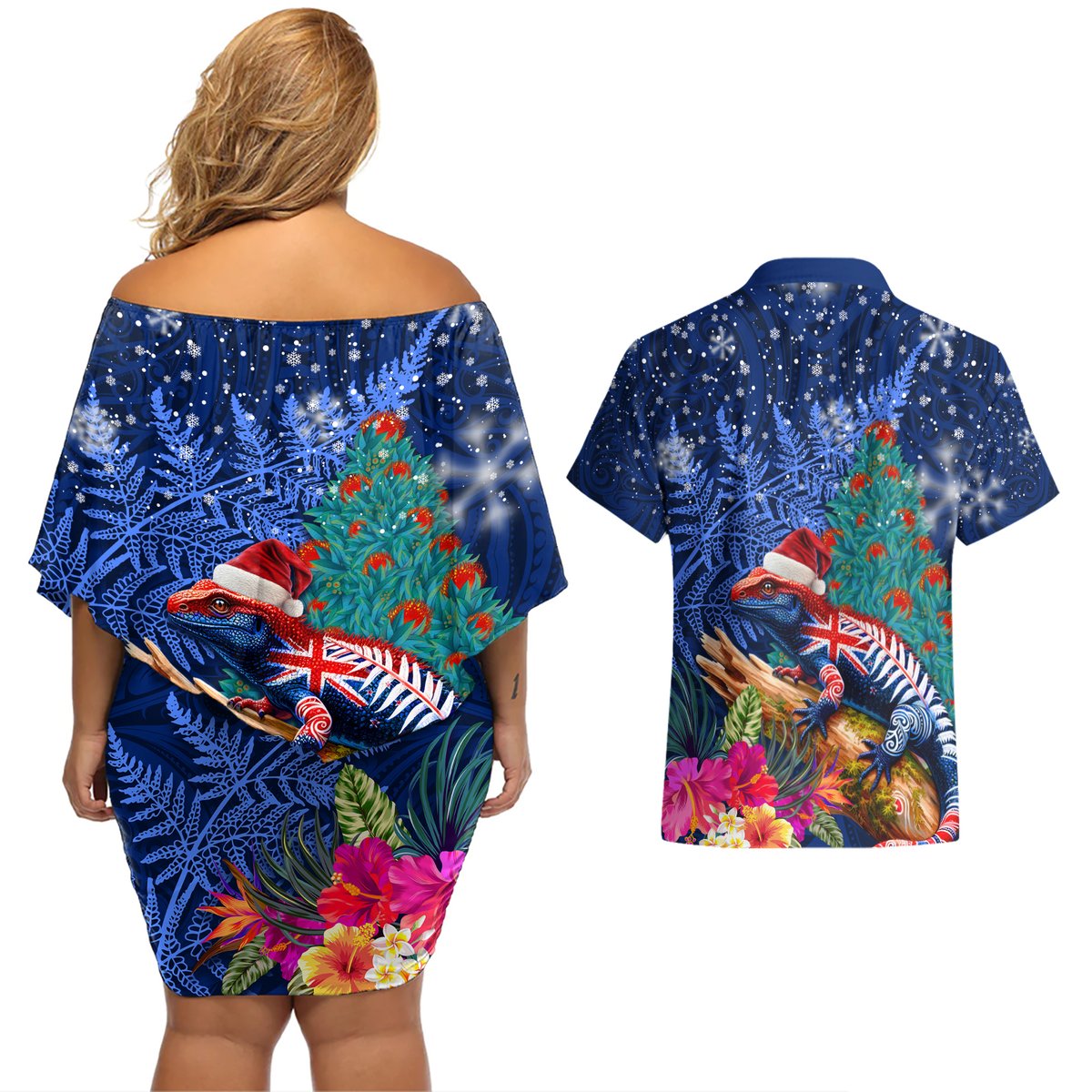 New Zealand Tuatara Christmas Couples Matching Off Shoulder Short Dress and Hawaiian Shirt Silver Fern and Xmas Pohutukawa Tree Blue Color LT03 - Polynesian Pride