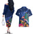 New Zealand Tuatara Christmas Couples Matching Off The Shoulder Long Sleeve Dress and Hawaiian Shirt Silver Fern and Xmas Pohutukawa Tree Blue Color