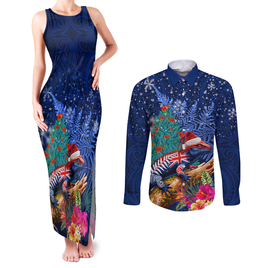 New Zealand Tuatara Christmas Couples Matching Tank Maxi Dress and Long Sleeve Button Shirt Silver Fern and Xmas Pohutukawa Tree Blue Color LT03 Blue - Polynesian Pride