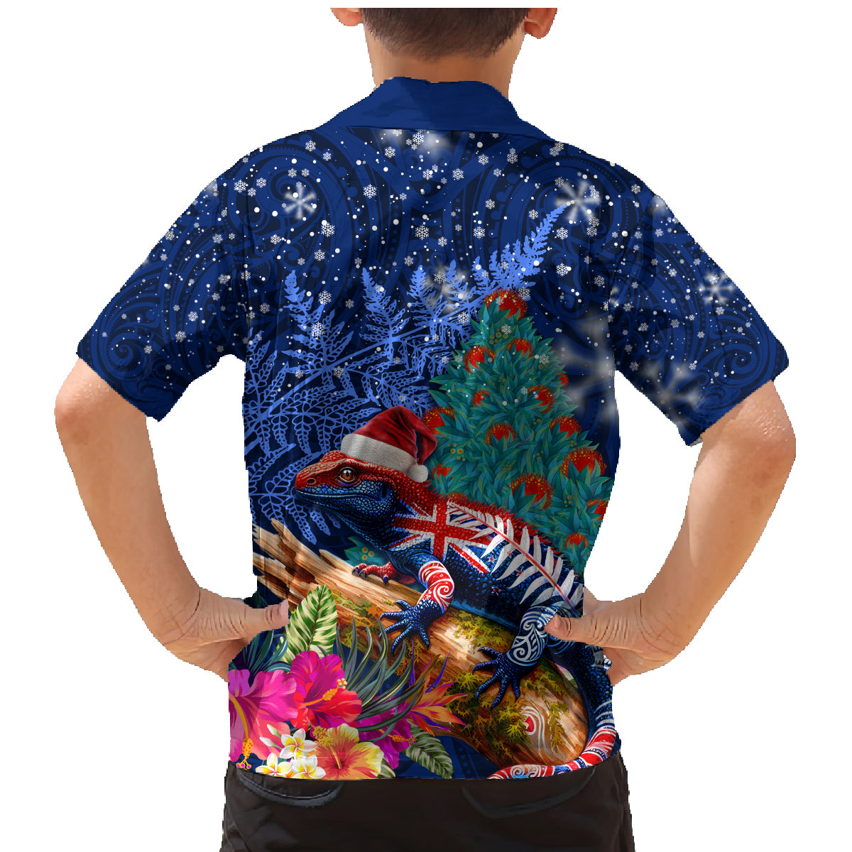 New Zealand Tuatara Christmas Family Matching Mermaid Dress and Hawaiian Shirt Silver Fern and Xmas Pohutukawa Tree Blue Color LT03 - Polynesian Pride