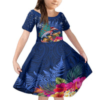 New Zealand Tuatara Christmas Family Matching Mermaid Dress and Hawaiian Shirt Silver Fern and Xmas Pohutukawa Tree Blue Color LT03 Daughter's Dress Blue - Polynesian Pride