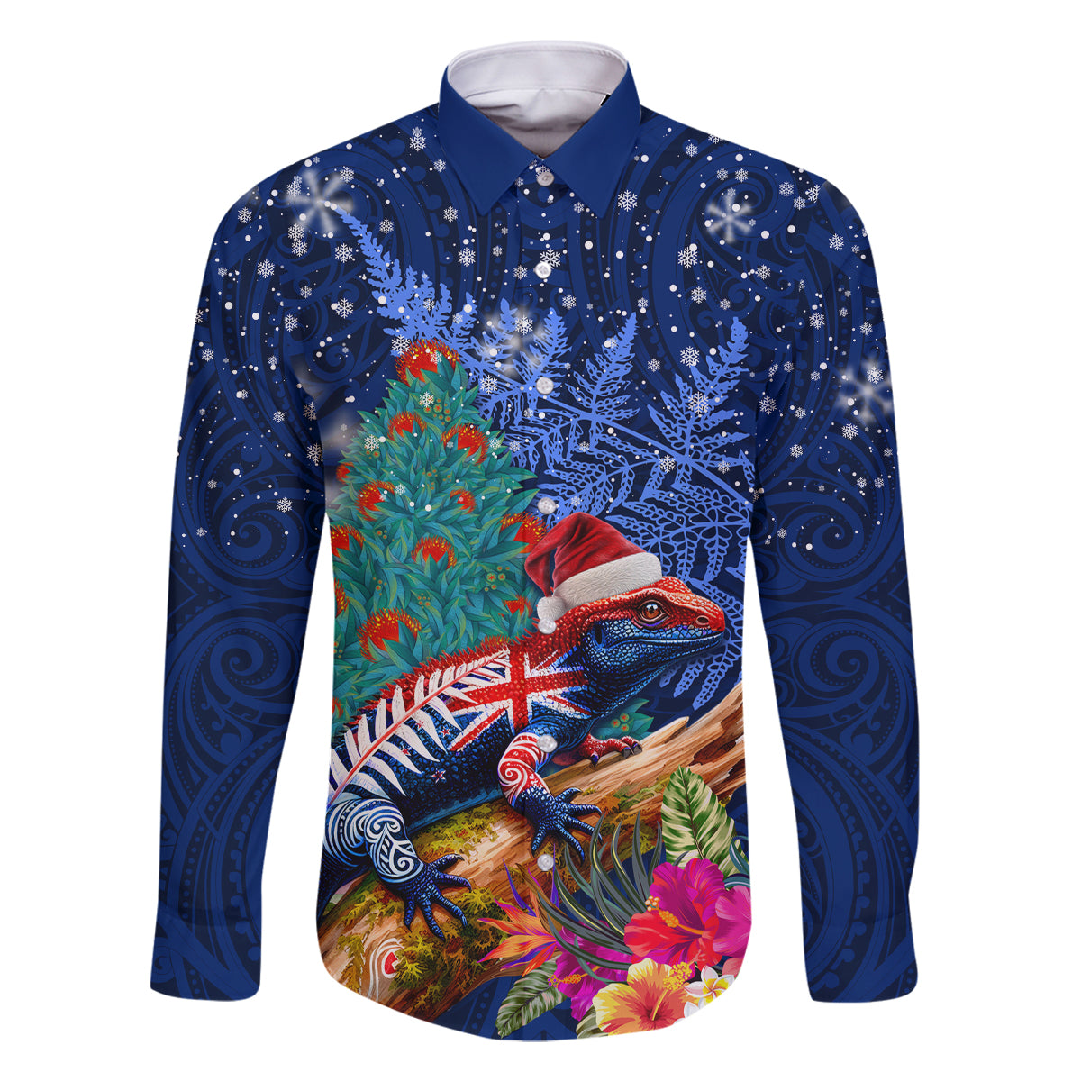 New Zealand Tuatara Christmas Family Matching Mermaid Dress and Hawaiian Shirt Silver Fern and Xmas Pohutukawa Tree Blue Color LT03 Dad's Shirt - Long Sleeve Blue - Polynesian Pride