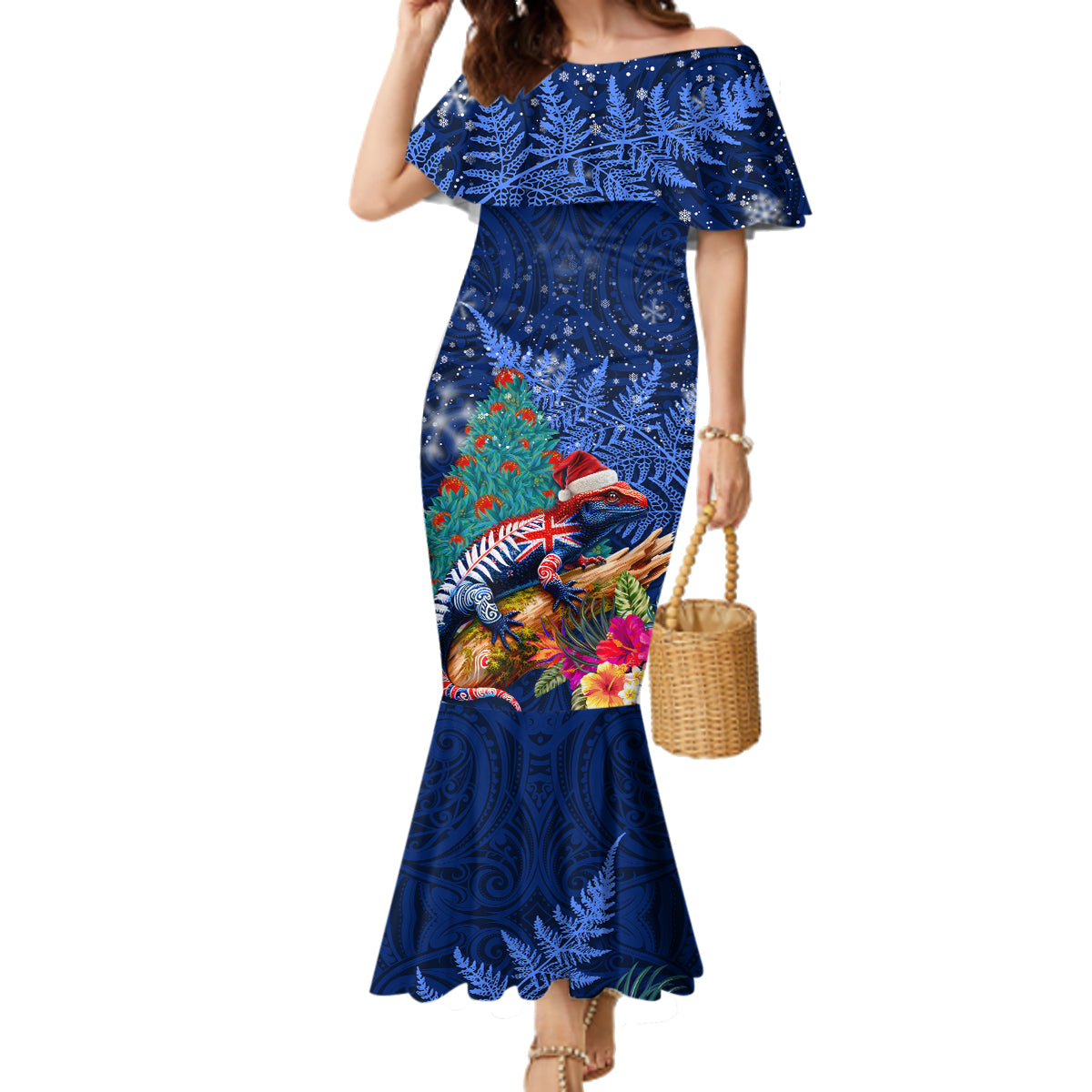 New Zealand Tuatara Christmas Family Matching Mermaid Dress and Hawaiian Shirt Silver Fern and Xmas Pohutukawa Tree Blue Color LT03 Mom's Dress Blue - Polynesian Pride