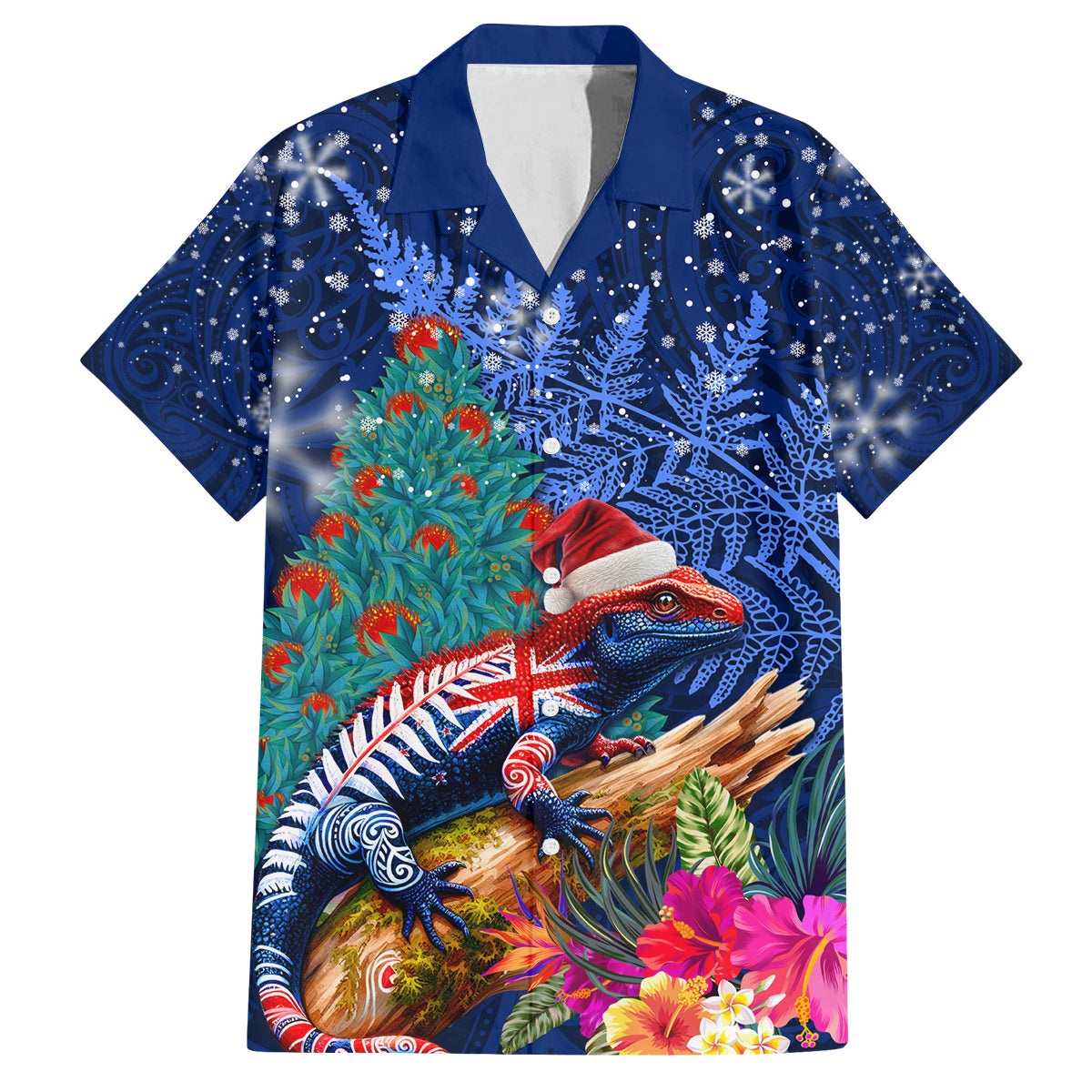 New Zealand Tuatara Christmas Family Matching Off The Shoulder Long Sleeve Dress and Hawaiian Shirt Silver Fern and Xmas Pohutukawa Tree Blue Color