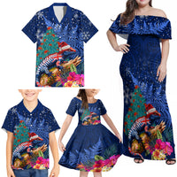New Zealand Tuatara Christmas Family Matching Off Shoulder Maxi Dress and Hawaiian Shirt Silver Fern and Xmas Pohutukawa Tree Blue Color LT03 - Polynesian Pride