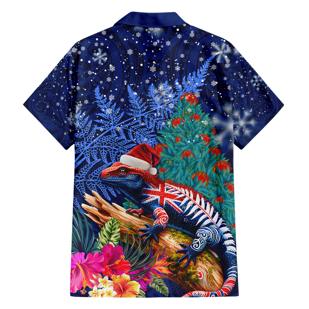 New Zealand Tuatara Christmas Family Matching Off Shoulder Maxi Dress and Hawaiian Shirt Silver Fern and Xmas Pohutukawa Tree Blue Color LT03 - Polynesian Pride