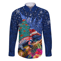 New Zealand Tuatara Christmas Family Matching Off Shoulder Maxi Dress and Hawaiian Shirt Silver Fern and Xmas Pohutukawa Tree Blue Color LT03 Dad's Shirt - Long Sleeve Blue - Polynesian Pride